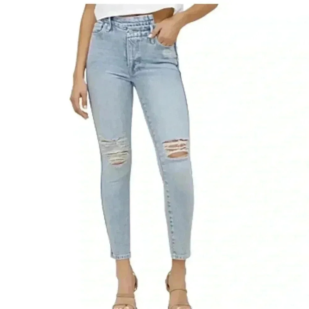 GOOD AMERICAN Women Blue Distressed Cropped Curve Skinny High Waist Jeans 12/31